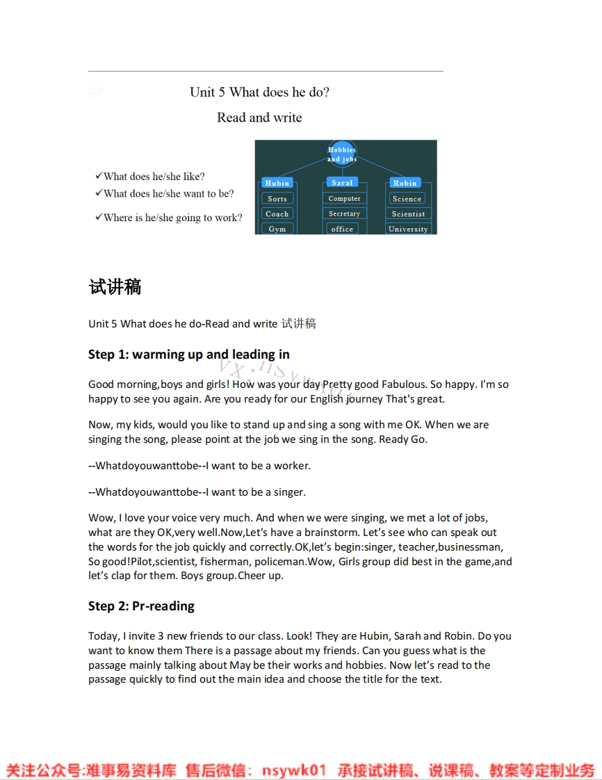 人教版-英语六年级上册《unit5Whatdoeshedo-05.Readandwrite》试讲逐字稿-难事易资料库