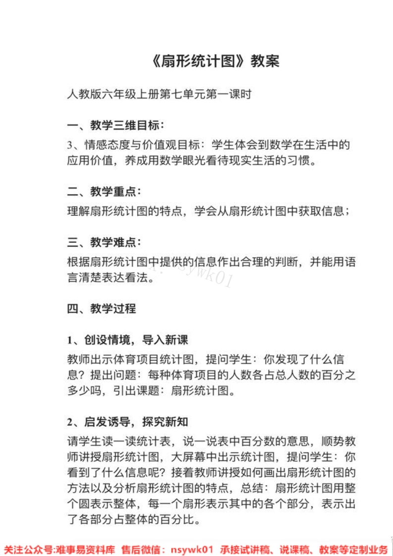 六年级上册-人教版《扇形统计图》试讲逐字稿-难事易资料库