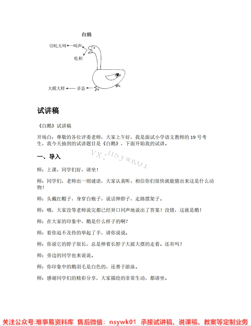 四年级下册-统编版《16.白鹅》试讲逐字稿-难事易资料库