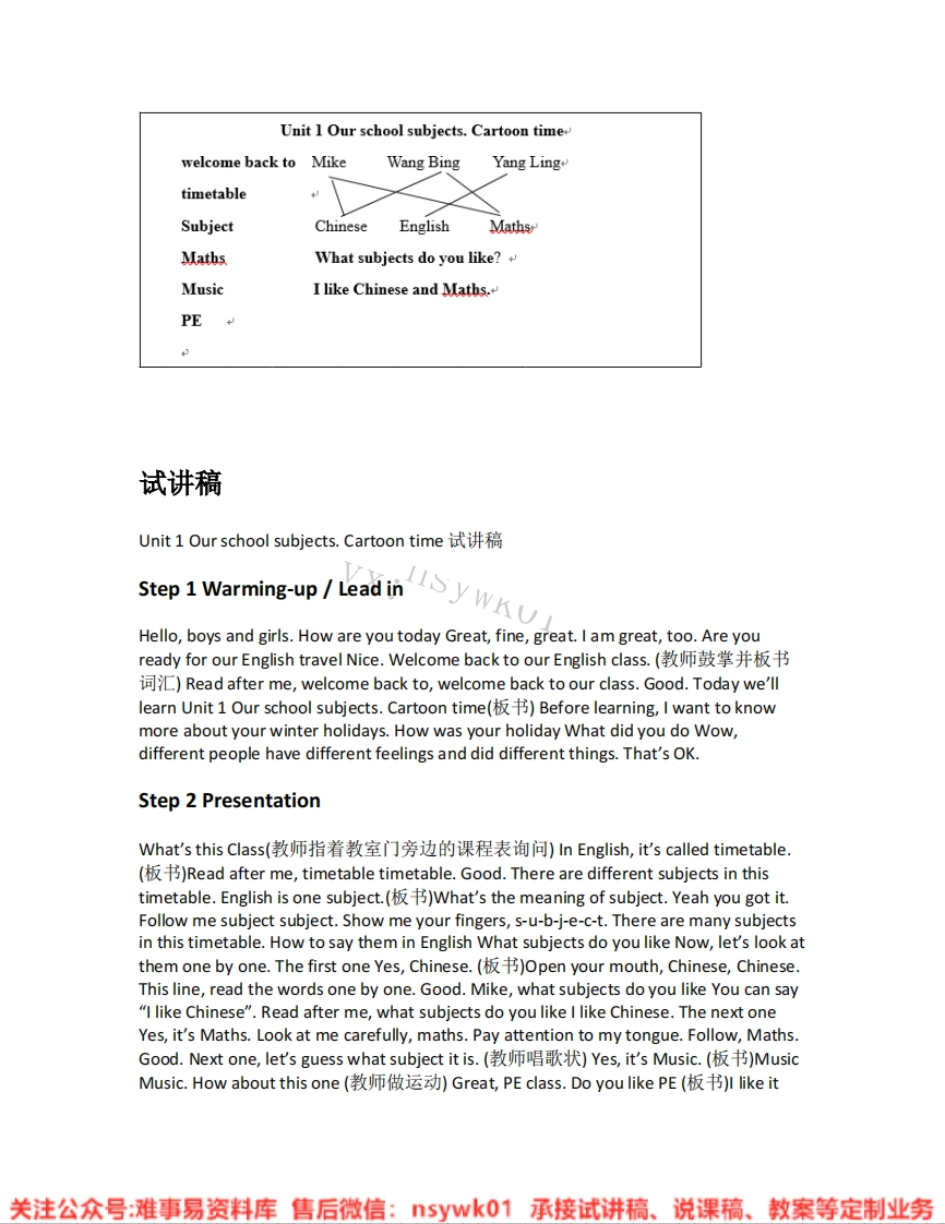 英语-译林版-四年级下册《01.Ourschoolsubjectsstorytime》试讲逐字稿-难事易资料库